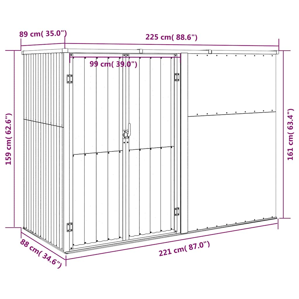 Cobertizo herramientas jardín acero galvanizado 225x89x161
