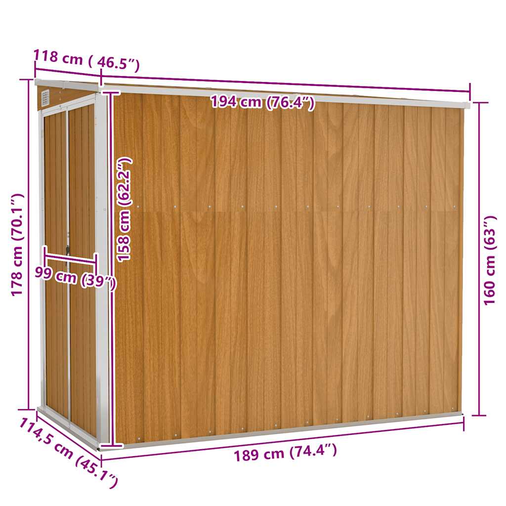 Cobertizo jardín pared acero galvanizado marrón 118x194x178 cm
