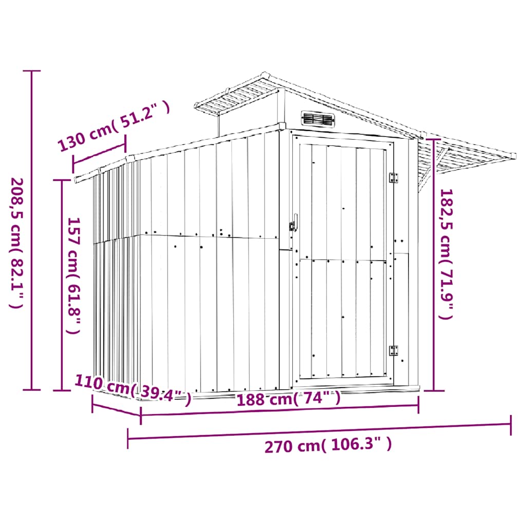 Cobertizo de jardín acero galvanizado antracita 270x130x208,5cm