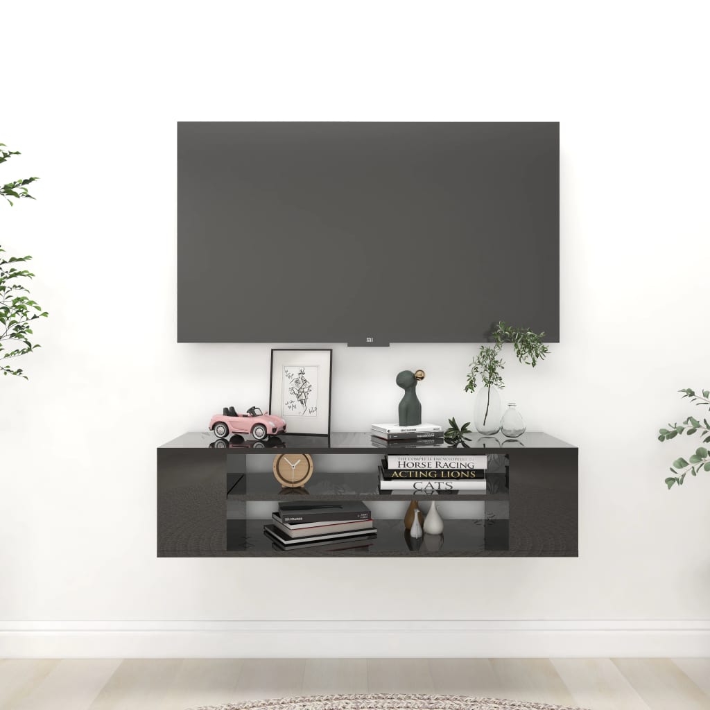 Mueble de TV colgante contrachapada gris brillo 100x30x26,5 cm