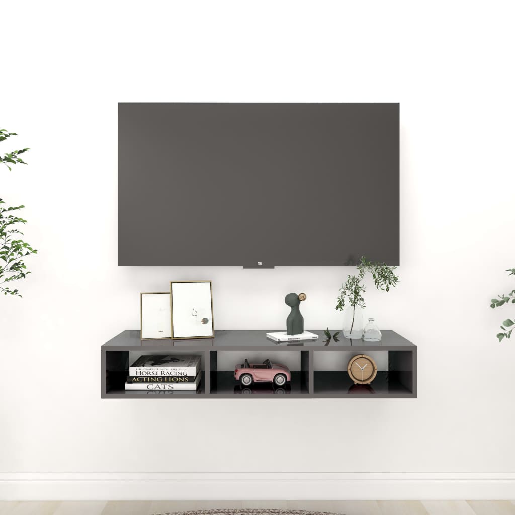 Glossy grey plywood wall shelf 102x30x17 cm