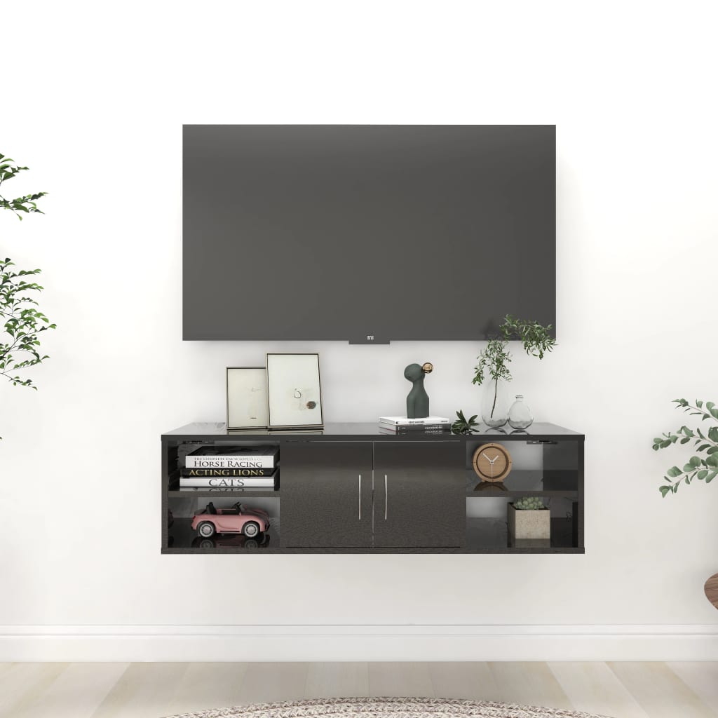 Glossy grey plywood wall shelf 102x30x17 cm