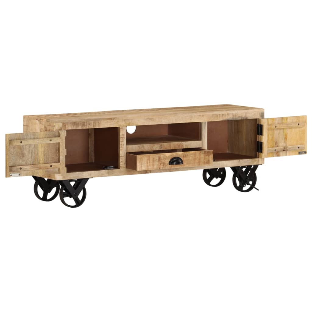 Mueble TV con ruedas madera maciza de mango rugosa 110x30x37 cm