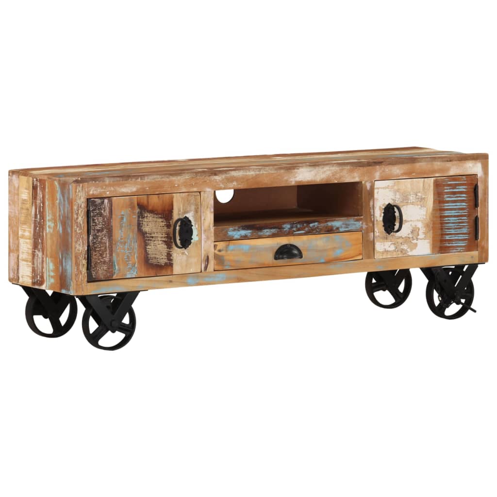 Mueble de TV con ruedas madera maciza reciclada 110x30x37 cm