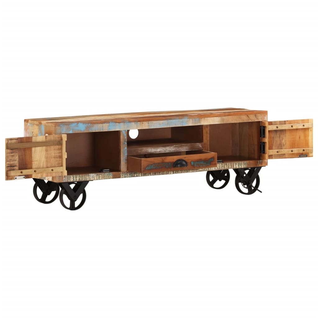 Mueble de TV con ruedas madera maciza reciclada 110x30x37 cm