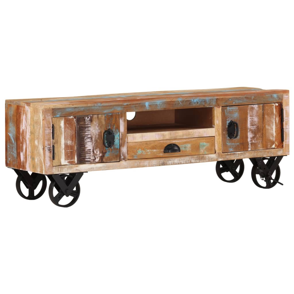 Mueble de TV con ruedas madera maciza reciclada 110x30x37 cm