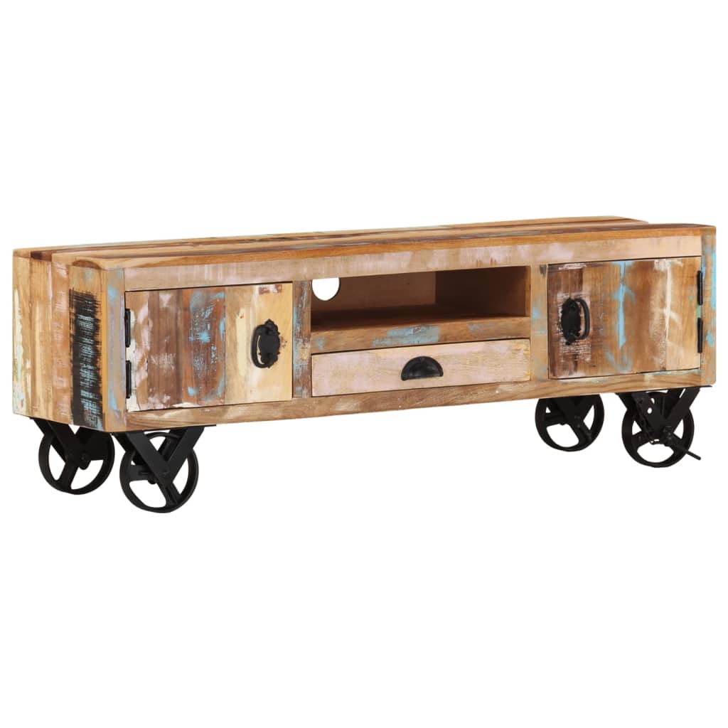 Mueble de TV con ruedas madera maciza reciclada 110x30x37 cm