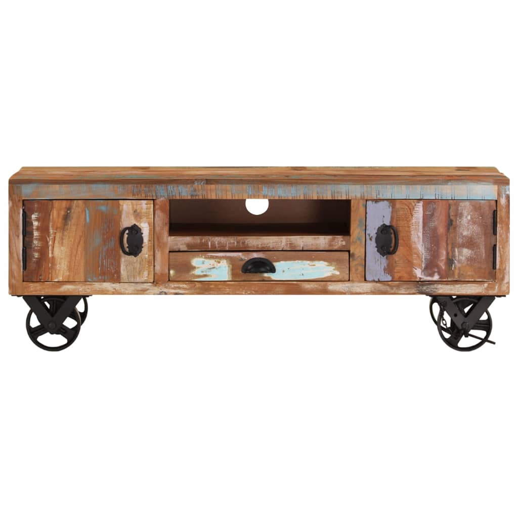 Mueble de TV con ruedas madera maciza reciclada 110x30x37 cm