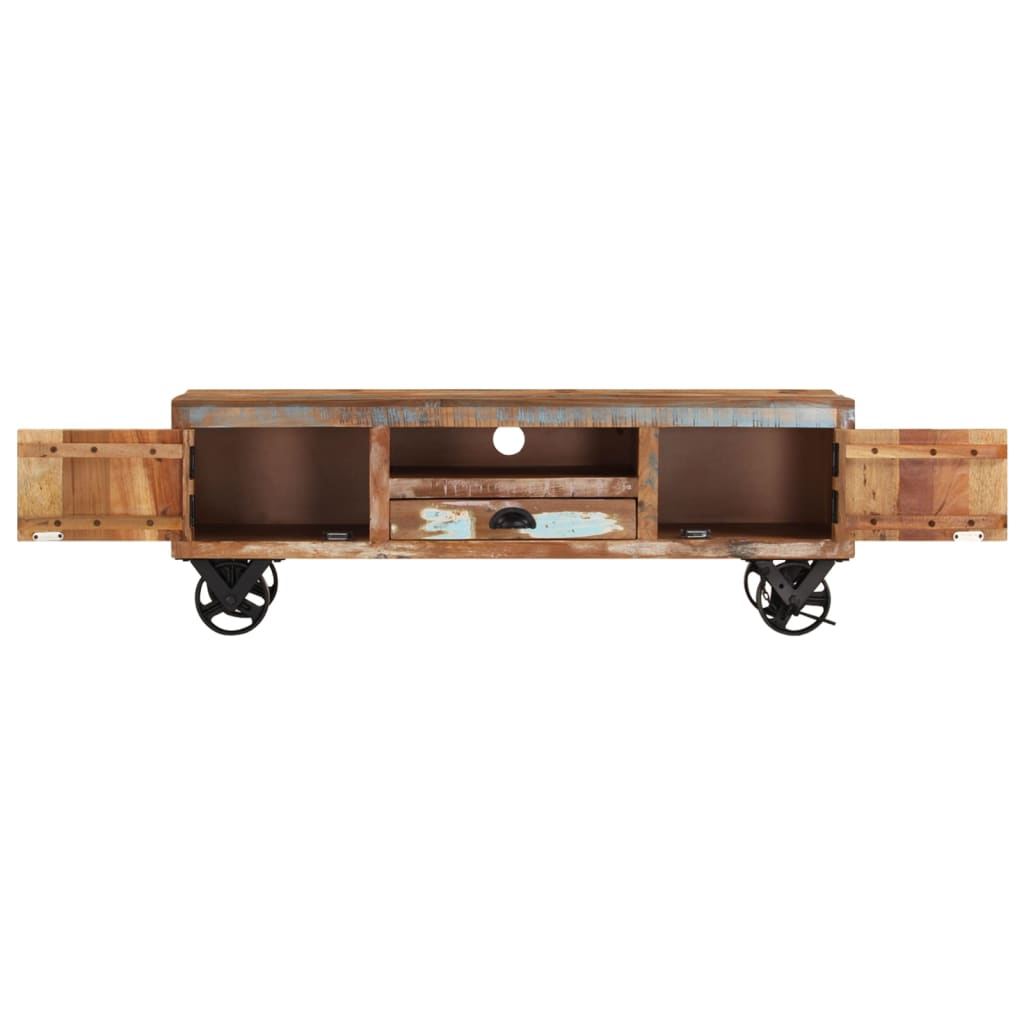 Mueble de TV con ruedas madera maciza reciclada 110x30x37 cm