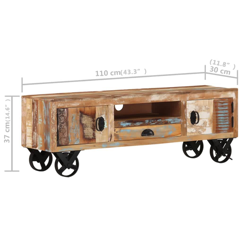 Mueble de TV con ruedas madera maciza reciclada 110x30x37 cm