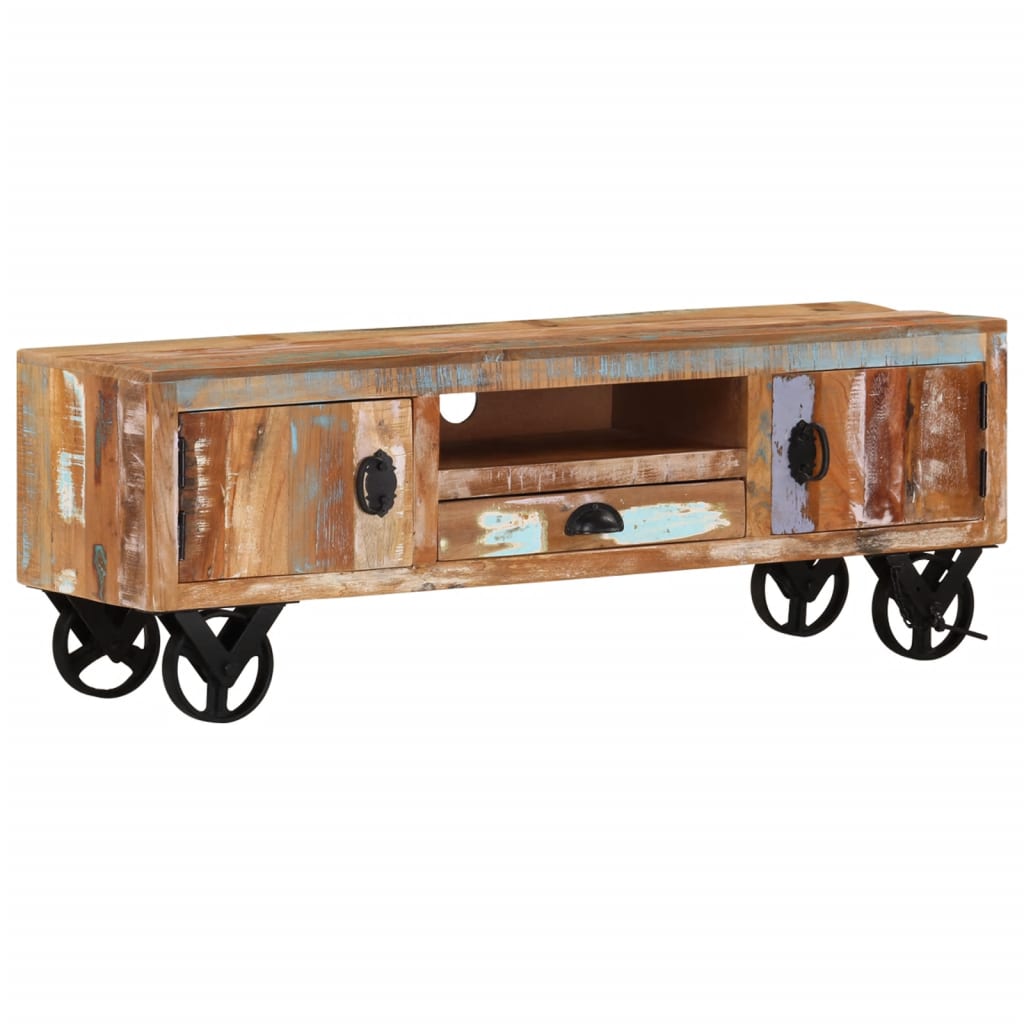 Mueble de TV con ruedas madera maciza reciclada 110x30x37 cm
