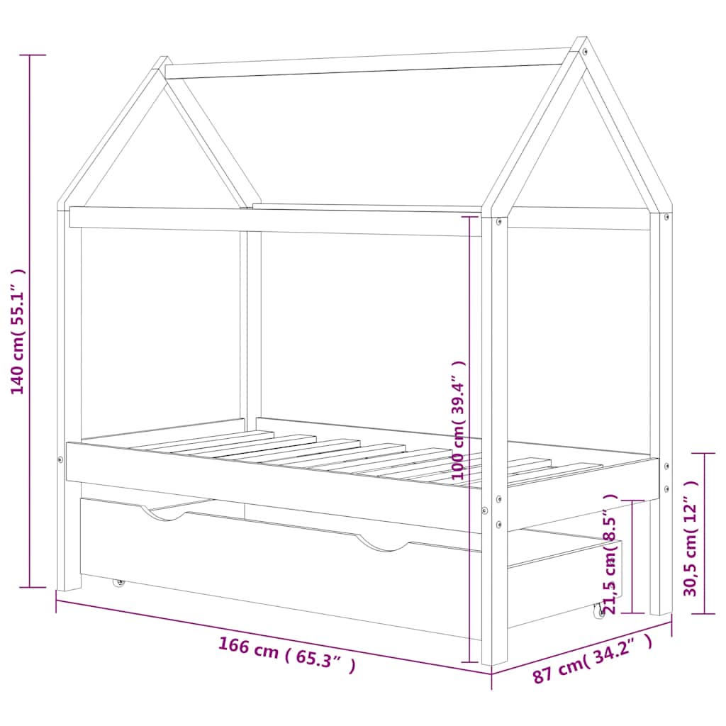Estructura cama infantil con cajón madera pino maciza 80x160 cm