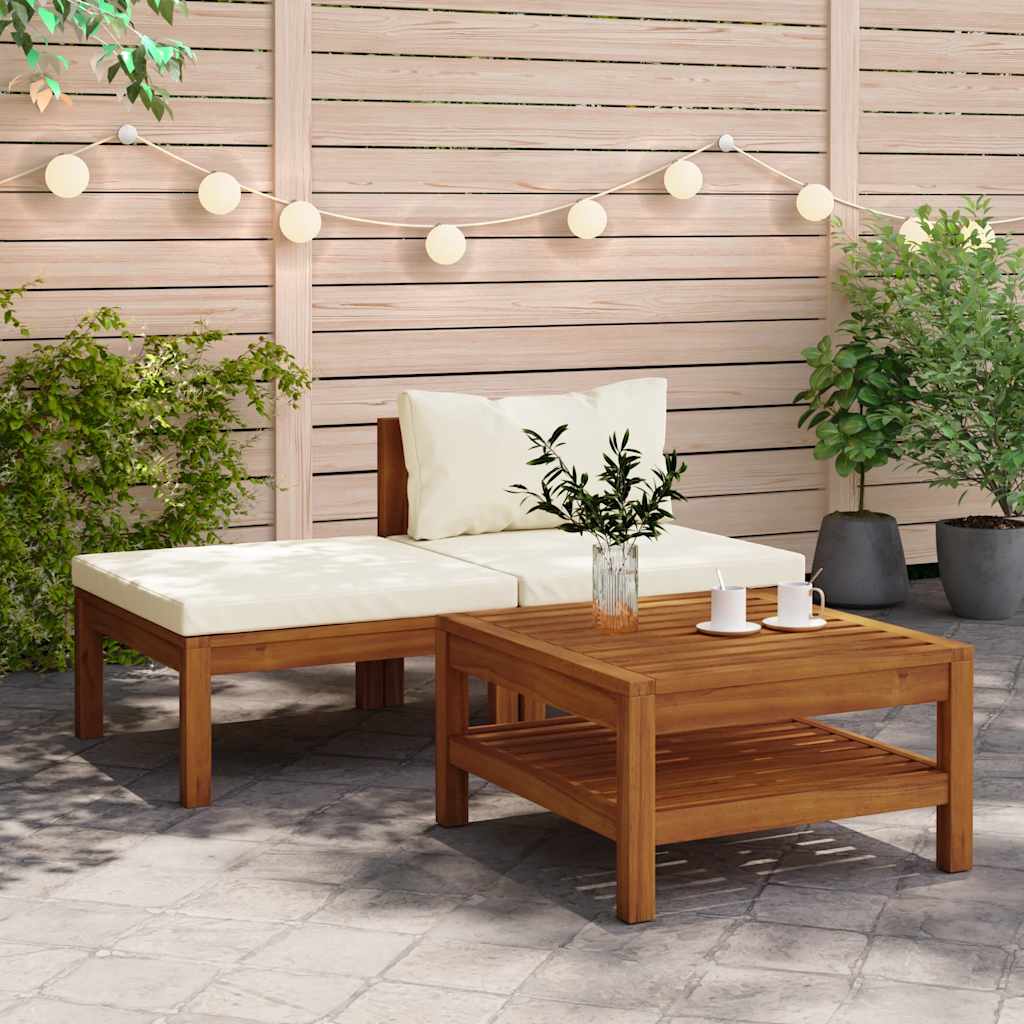 3-piece garden furniture set with cushions, solid acacia wood