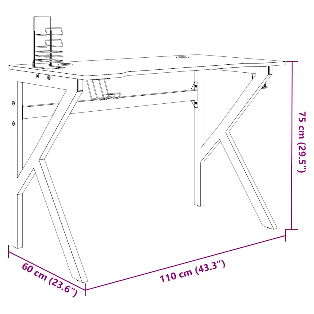 Escritorio gaming con patas en forma de K negro 110x60x75 cm