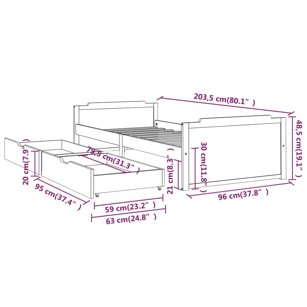 Estructura cama sin colchón madera pino gris oscuro 90x200 cm