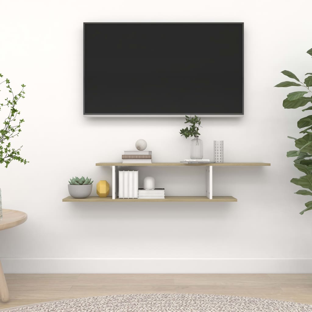 Estante de pared de TV contrachapado blanco y roble 125x18x23cm