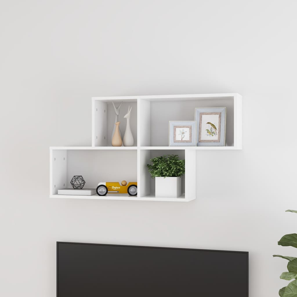 Estante de pared 2 uds contrachapada blanco brillo 75x18x20 cm