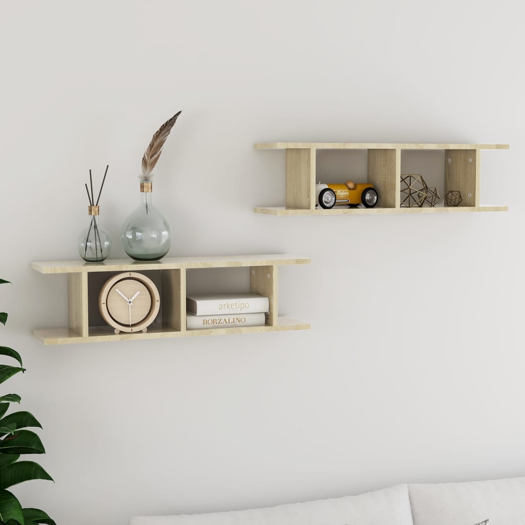Estante de pared 2 uds contrachapada blanco brillo 75x18x20 cm