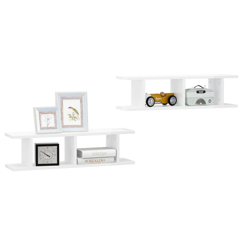 Estante de pared 2 uds contrachapada blanco brillo 75x18x20 cm