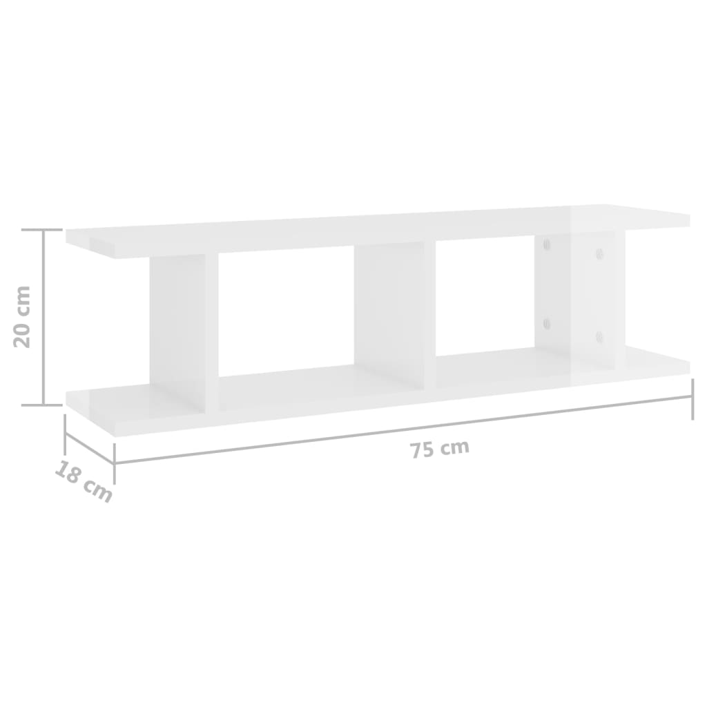 Estante de pared 2 uds contrachapada blanco brillo 75x18x20 cm