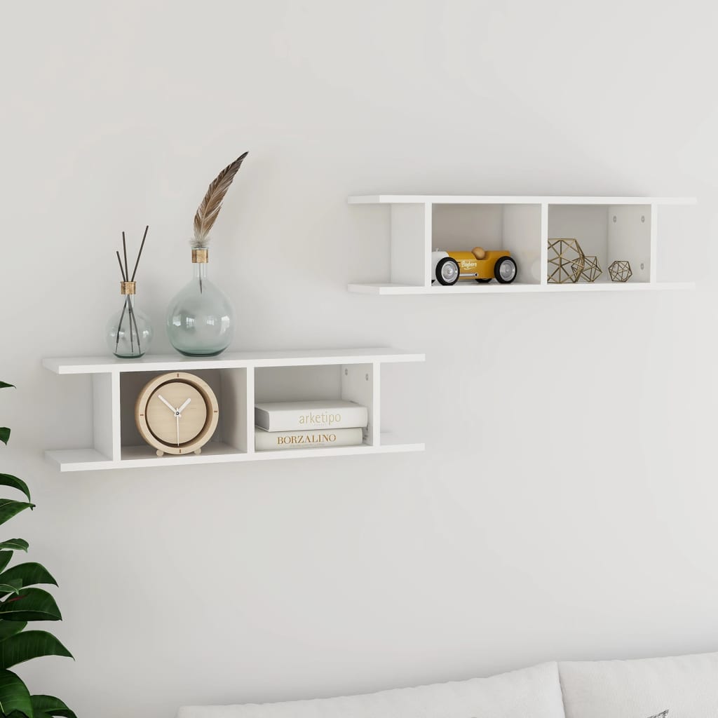 Estante de pared 2 uds contrachapada blanco brillo 75x18x20 cm