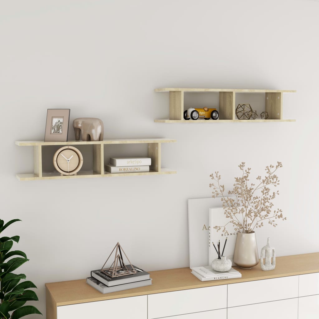 Estante de pared 2 uds contrachapada blanco brillo 75x18x20 cm