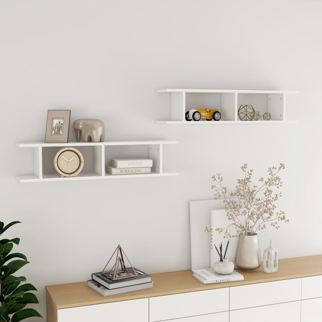 Estante de pared 2 uds contrachapada blanco brillo 75x18x20 cm