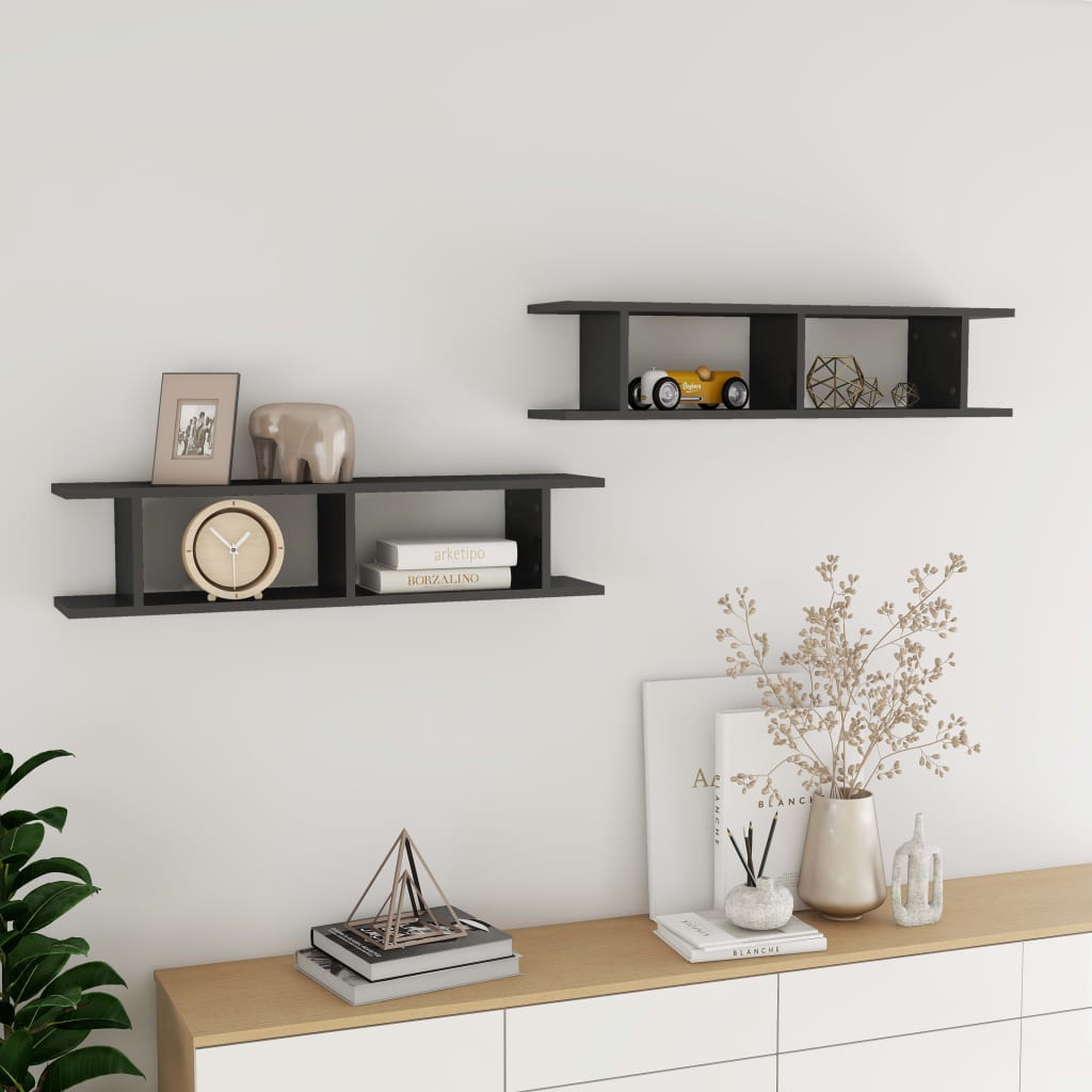 Estante de pared 2 uds contrachapada blanco brillo 75x18x20 cm