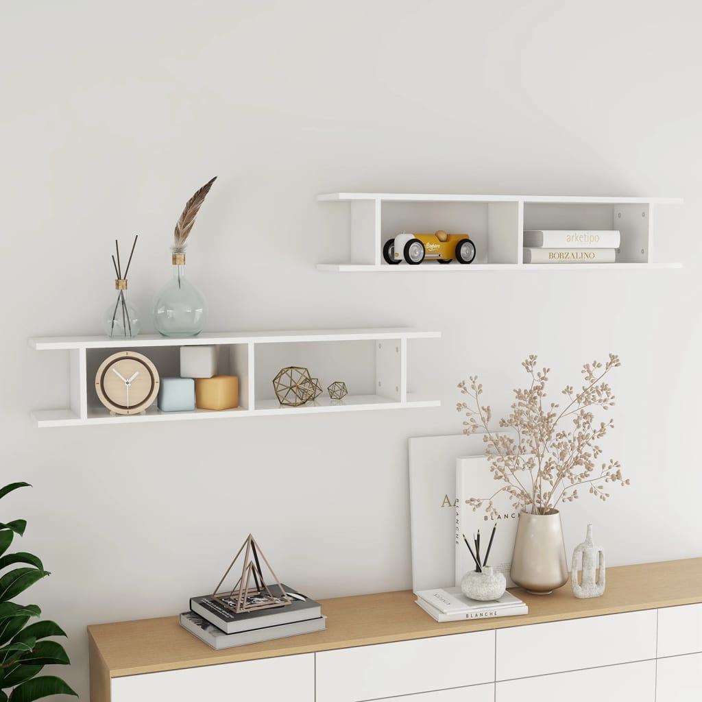 Estante de pared 2 uds contrachapada blanco brillo 75x18x20 cm