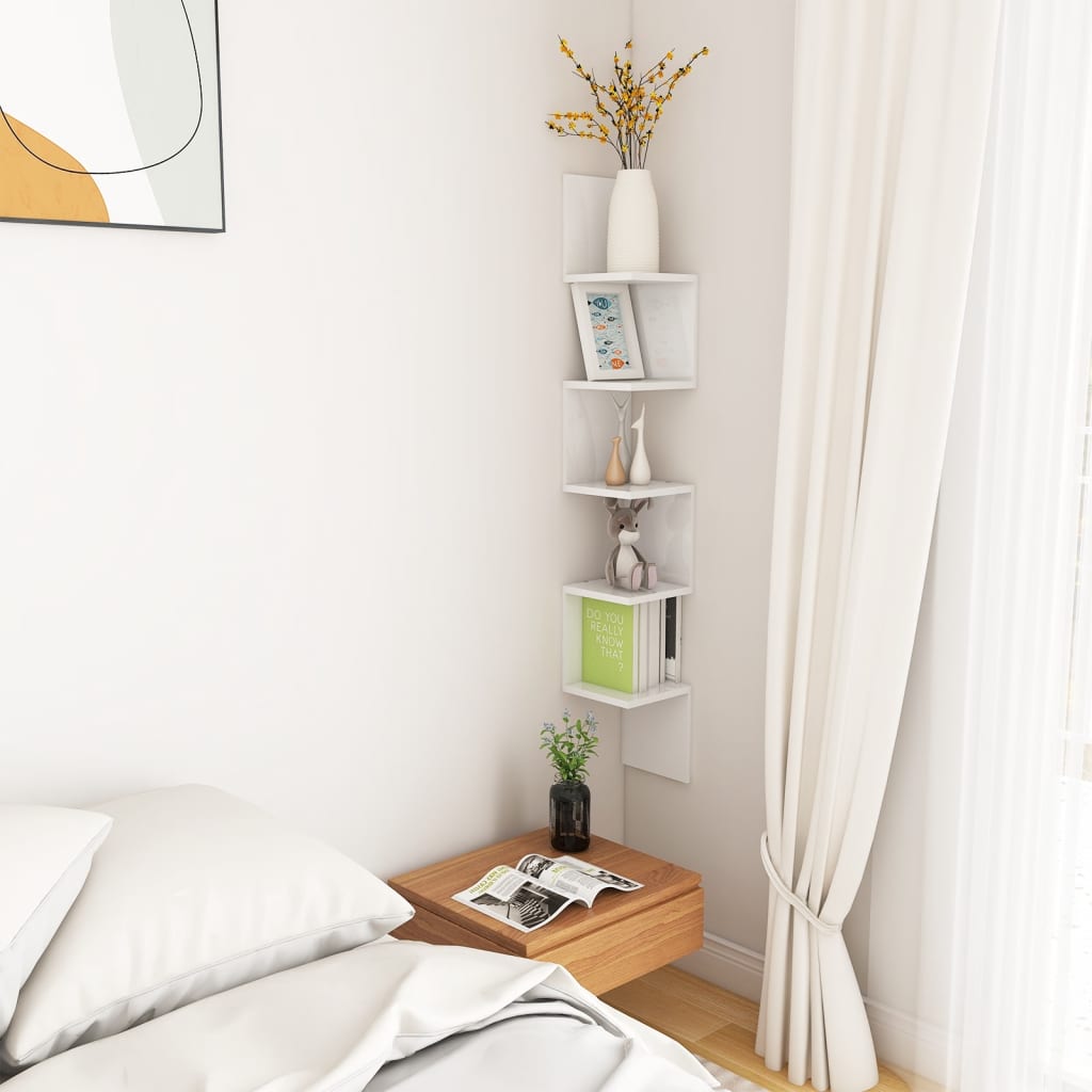 Estante esquina pared contrachapado blanco brillo 20x20x127,5cm