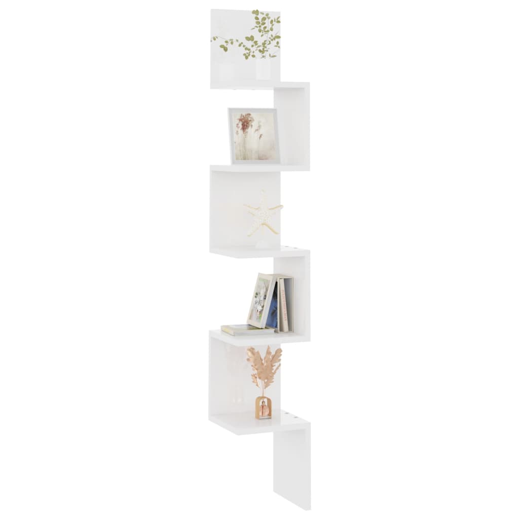 Estante esquina pared contrachapado blanco brillo 20x20x127,5cm