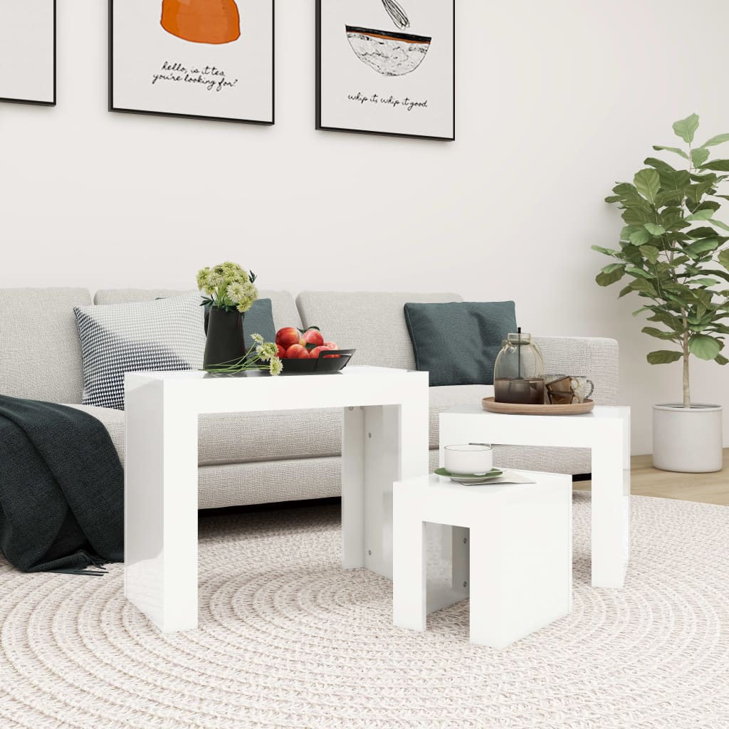 Stackable 3-piece high-gloss white plywood coffee tables