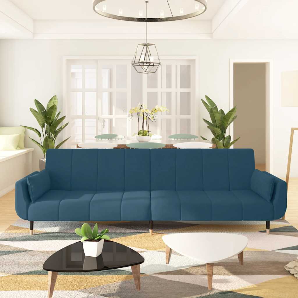 2-seater sofa bed with two burgundy velvet pillows