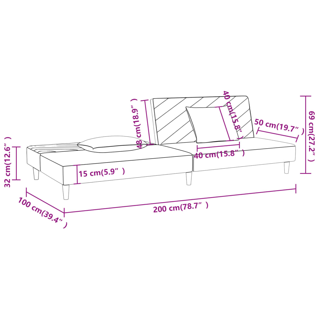 Sofá cama de 2 plazas con dos almohadas tela gris oscuro