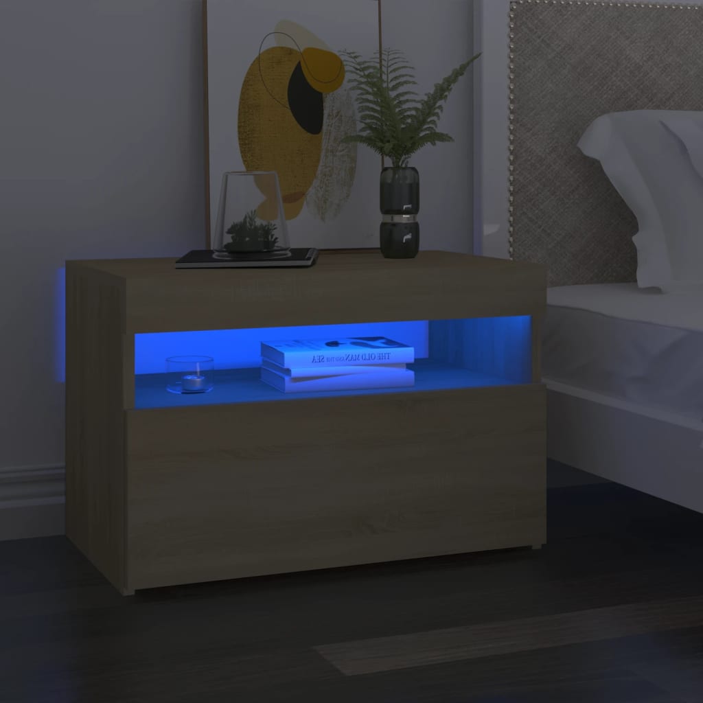 Mesita de noche con LED contrachapada gris hormigón 60x35x40 cm