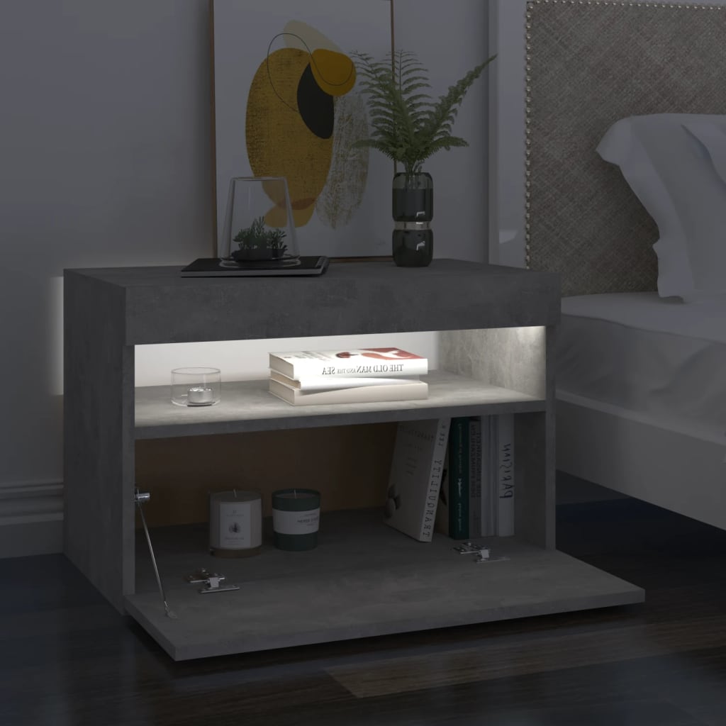Mesita de noche con LED contrachapada gris hormigón 60x35x40 cm