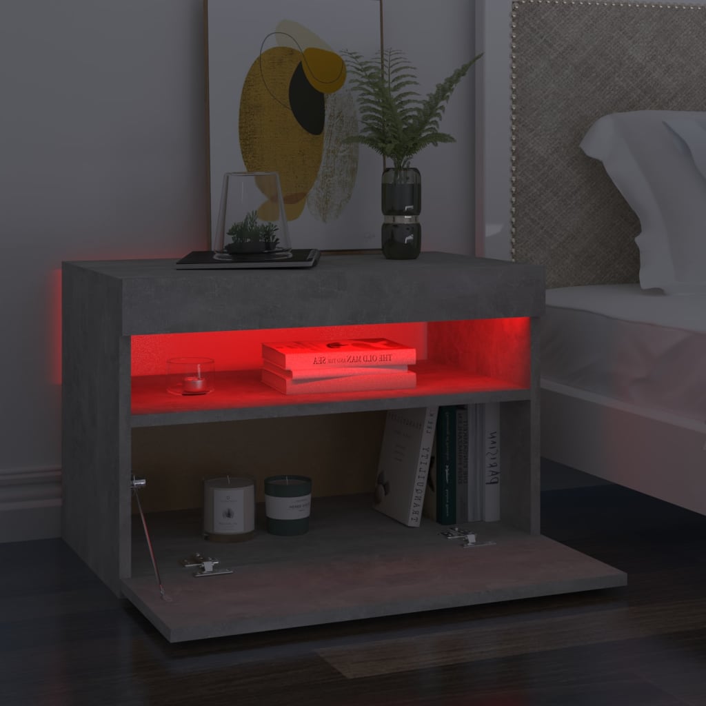 Mesita de noche con LED contrachapada gris hormigón 60x35x40 cm