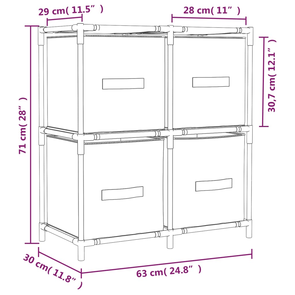 Armario almacenaje de acero con 4 cestas tela crema 63x30x71 cm