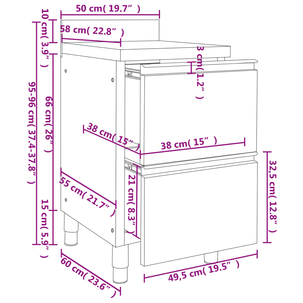 Armario de cocina comercial con 2 cajones 50x60x96 cm