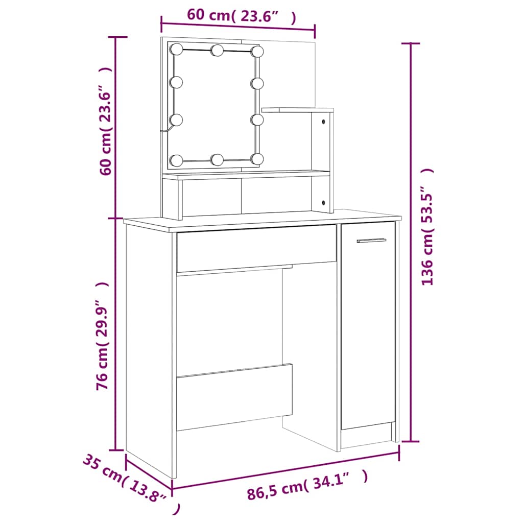 Tocador con LED color roble Sonoma 86,5x35x136 cm