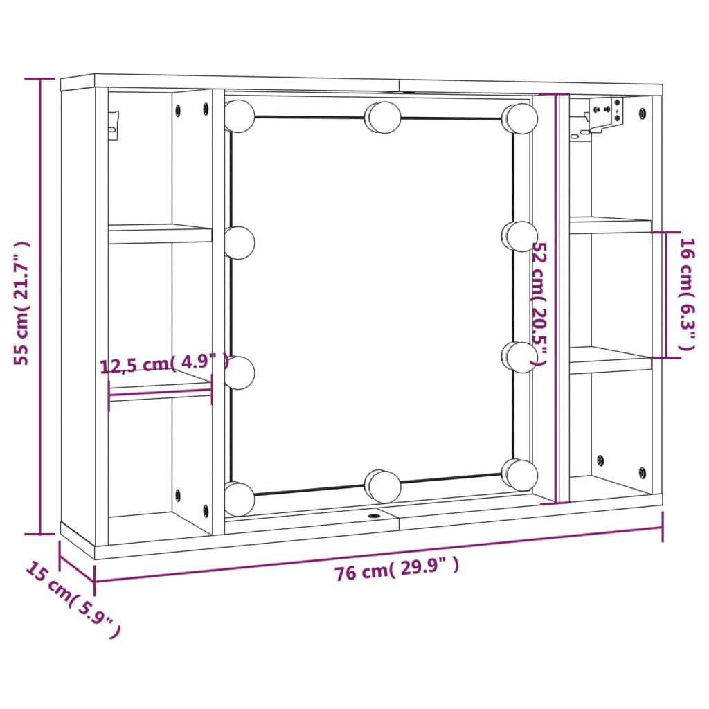 Mueble con espejo y luces LED gris hormigón 76x15x55 cm