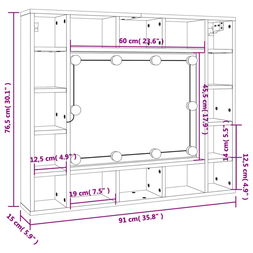 Mueble con espejo y LED color roble Sonoma 91x15x76,5 cm