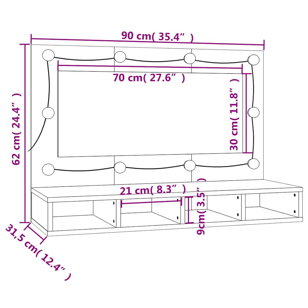 Mueble con espejo y luces LED gris hormigón 90x31,5x62 cm