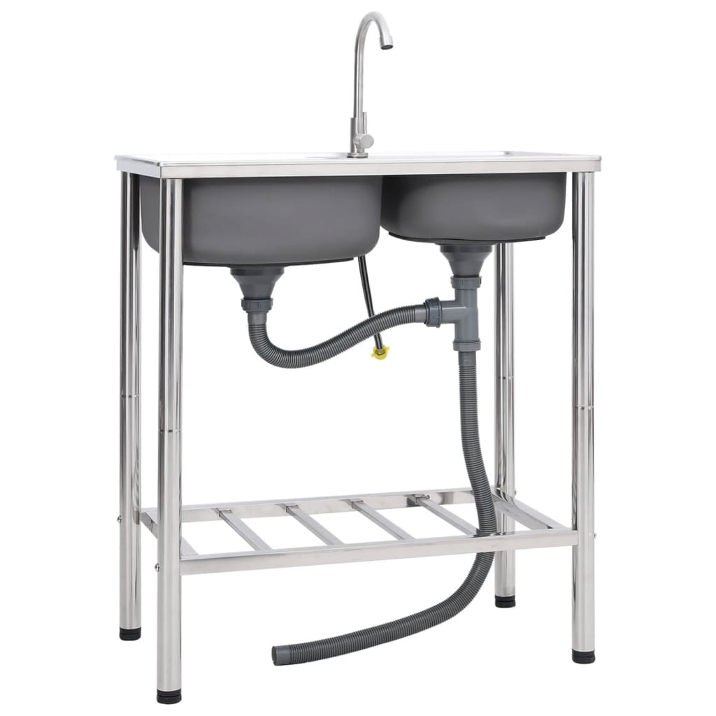 Fregadero de camping doble seno y grifo acero inoxidable