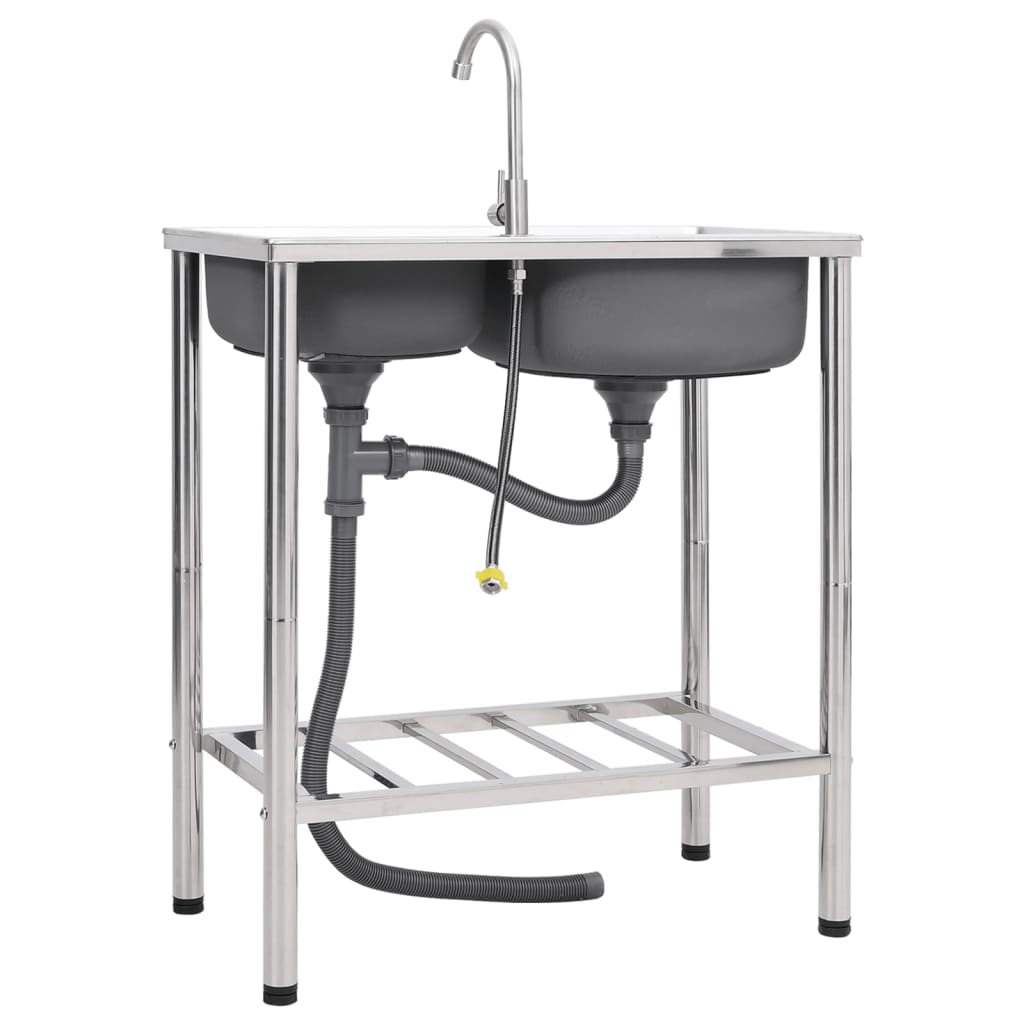 Fregadero de camping doble seno y grifo acero inoxidable
