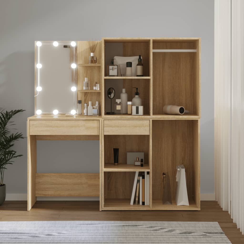 Tocador con LED y 2 armarios madera contrachapada blanco
