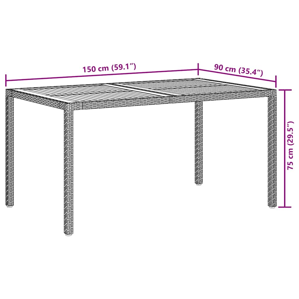 Mesa de jardín madera acacia ratán sintético negro 150x90x75 cm
