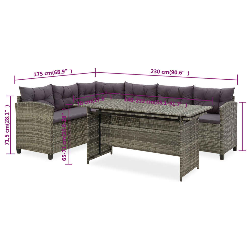 Set de muebles de jardín 2 pzas y cojines ratán sintético gris