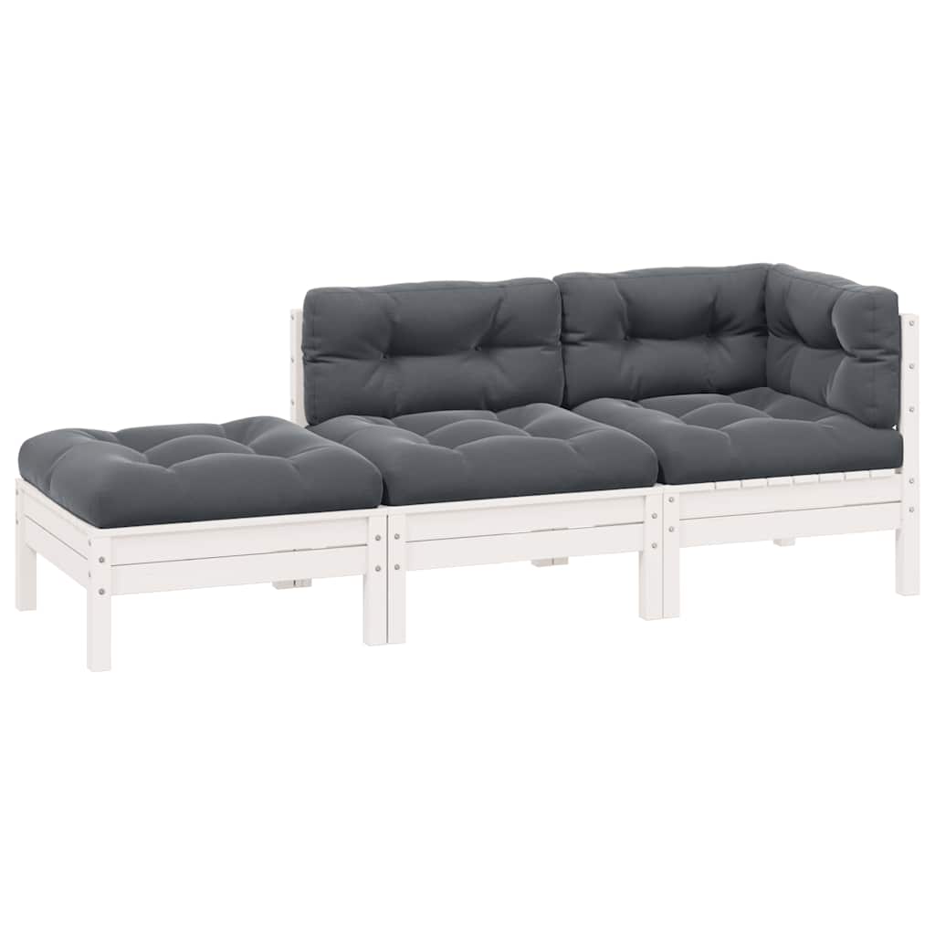 Juego muebles jardín 3 pzas cojines blanco madera pino maciza