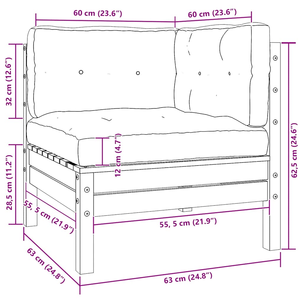 Juego muebles jardín 3 pzas cojines blanco madera pino maciza